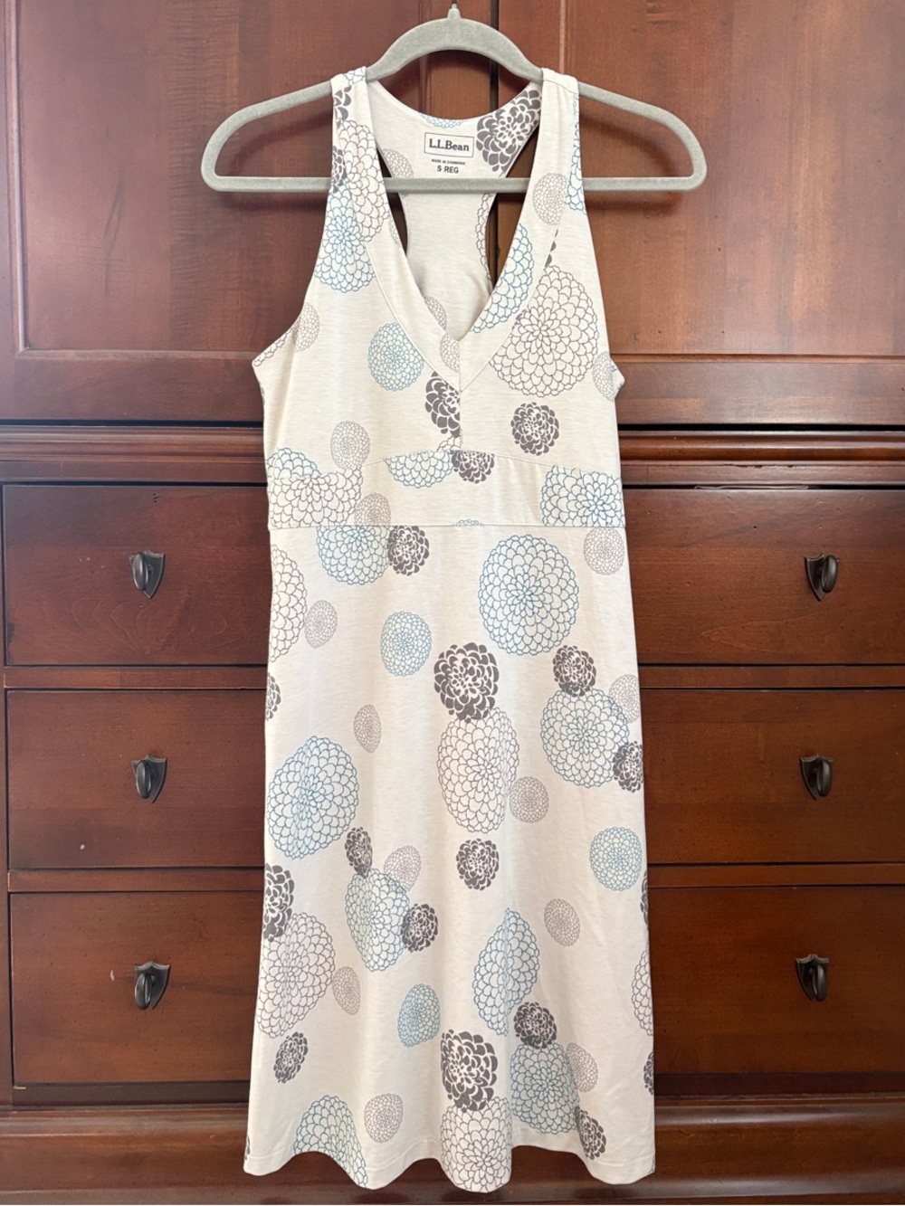 L.L. Bean Cream Midi Dress with Blue and Gray Floral Circles